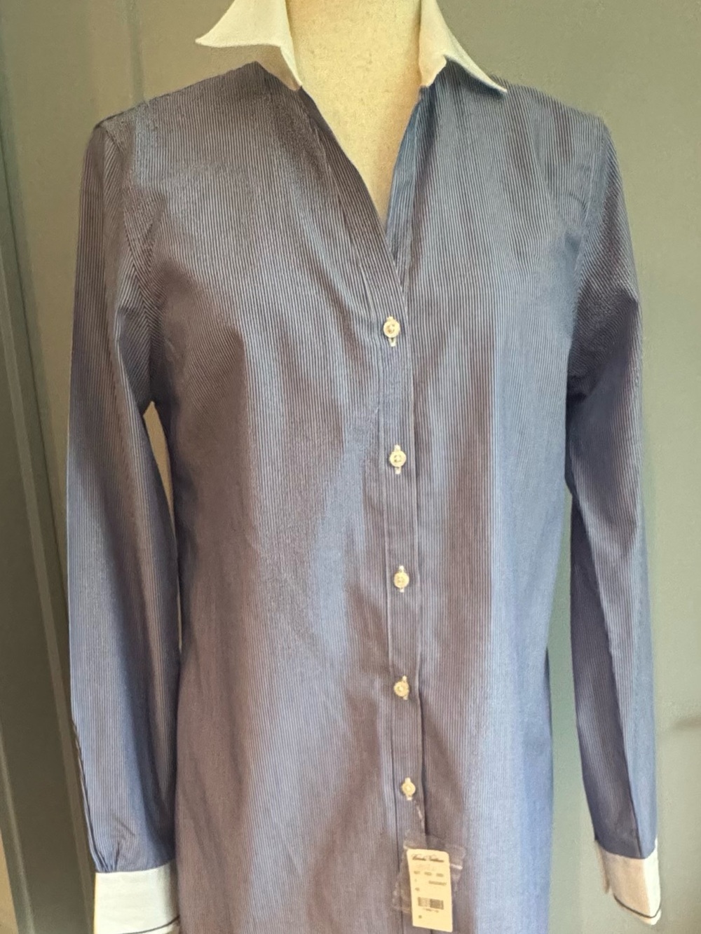 Brooks Brothers Cotton Blue Pinstripe Button-Down Shirt w/ White Contrast Collar - Picture 2 of 8